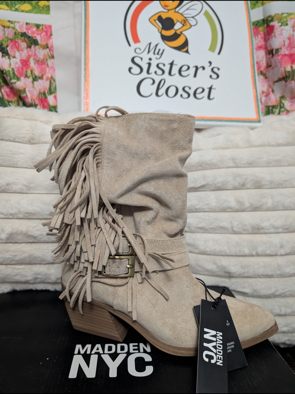 Madden NYC Women's Taupe Suede Fringe Ankle Bootie